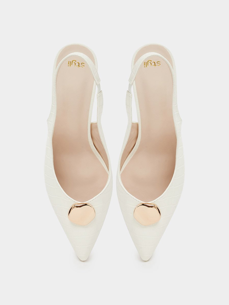 White Croc-Embossed Gold Detail High-Heel Slingbacks
