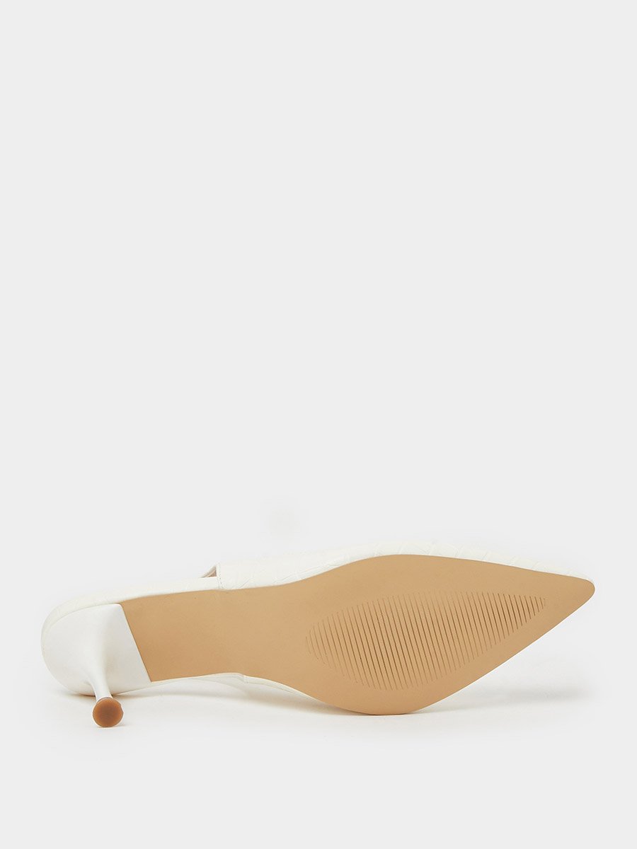 White Croc-Embossed Gold Detail High-Heel Slingbacks