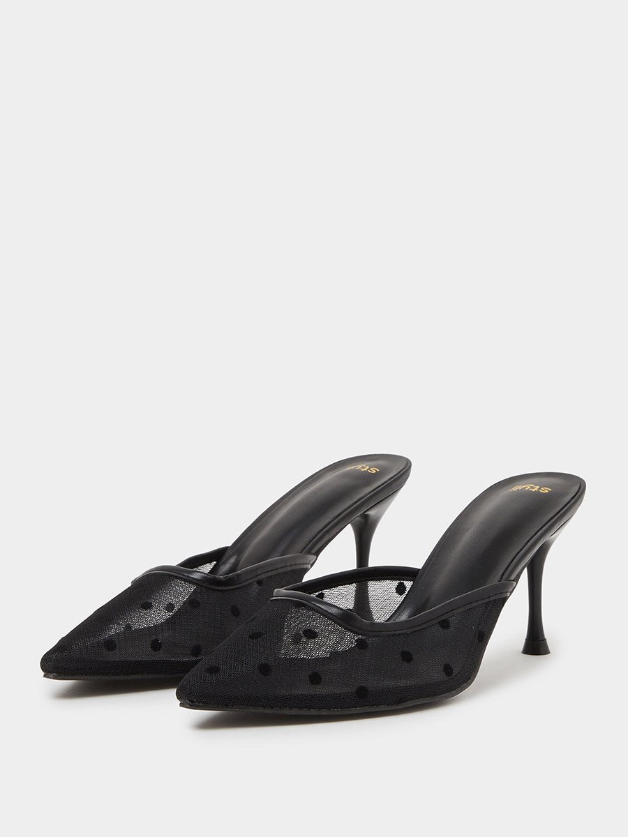 Black Polka Dot Pointed Toe Mesh High Heel Mules