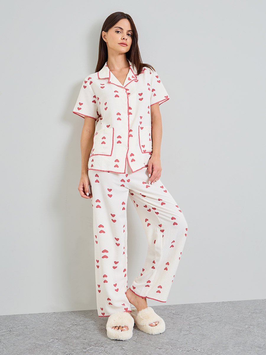 Beige Heart Print Shirt and Pants Pajama Set