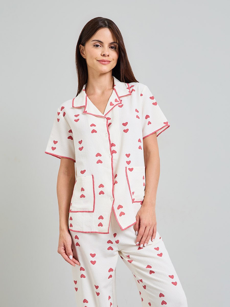 Beige Heart Print Shirt and Pants Pajama Set