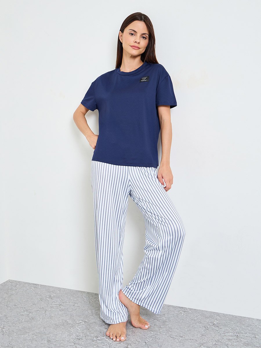 Blue Solid Short Sleeves T-Shirt and Striped Pants Pajama Set