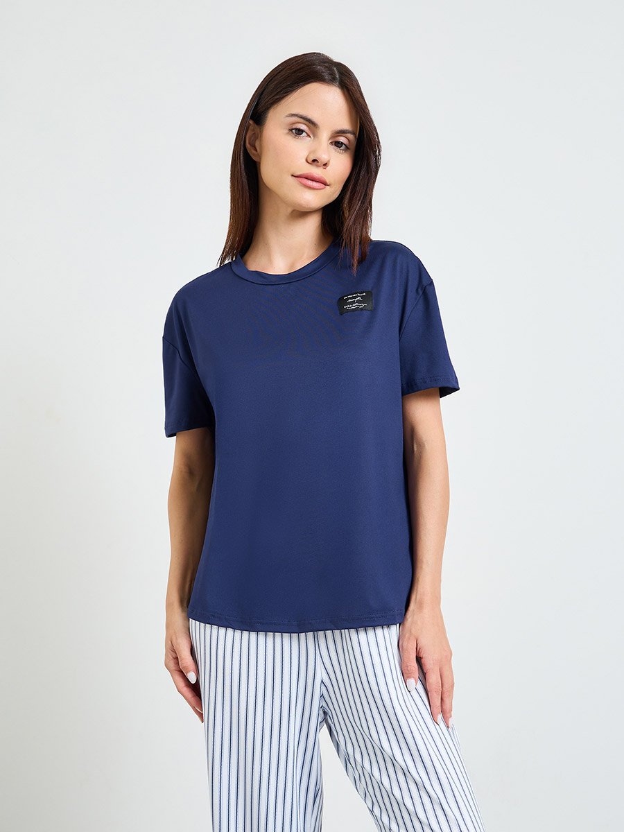 Blue Solid Short Sleeves T-Shirt and Striped Pants Pajama Set