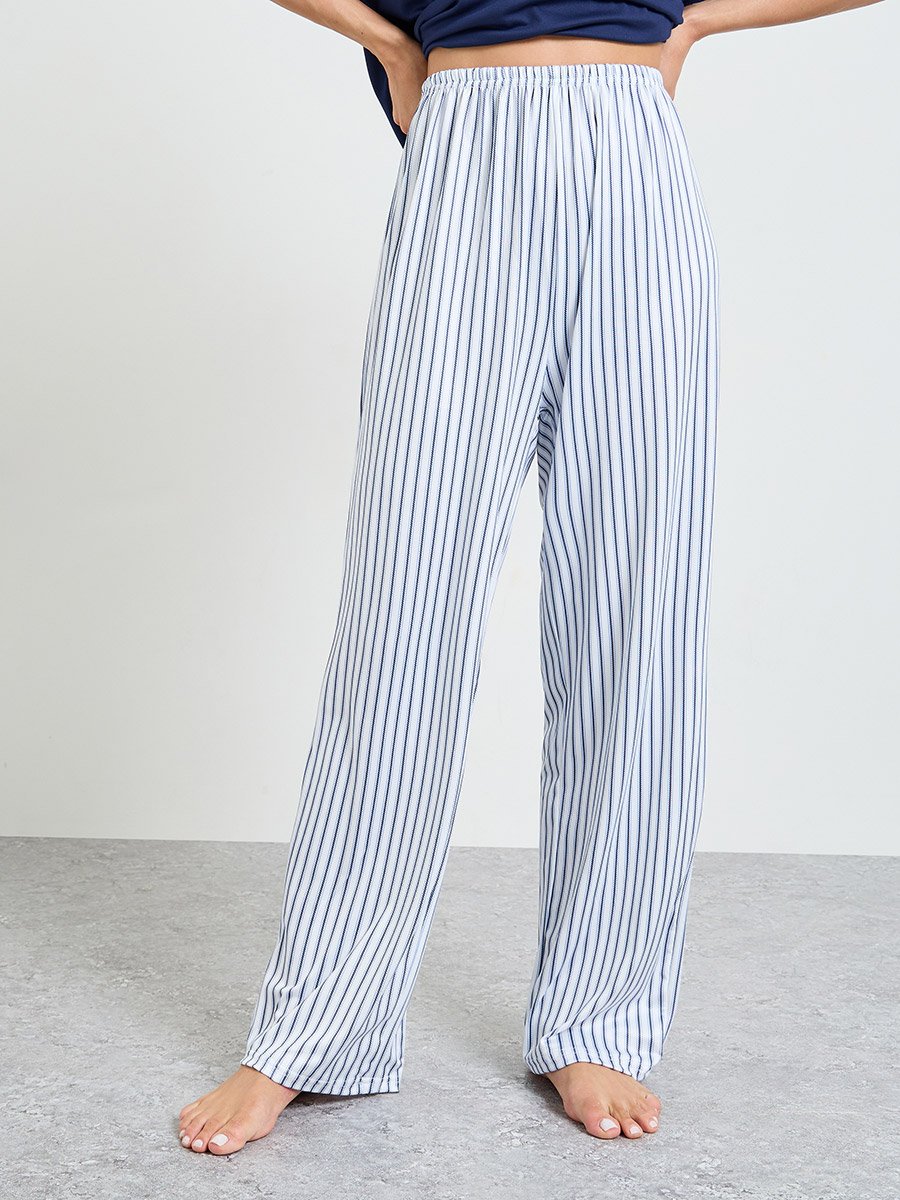 Blue Solid Short Sleeves T-Shirt and Striped Pants Pajama Set