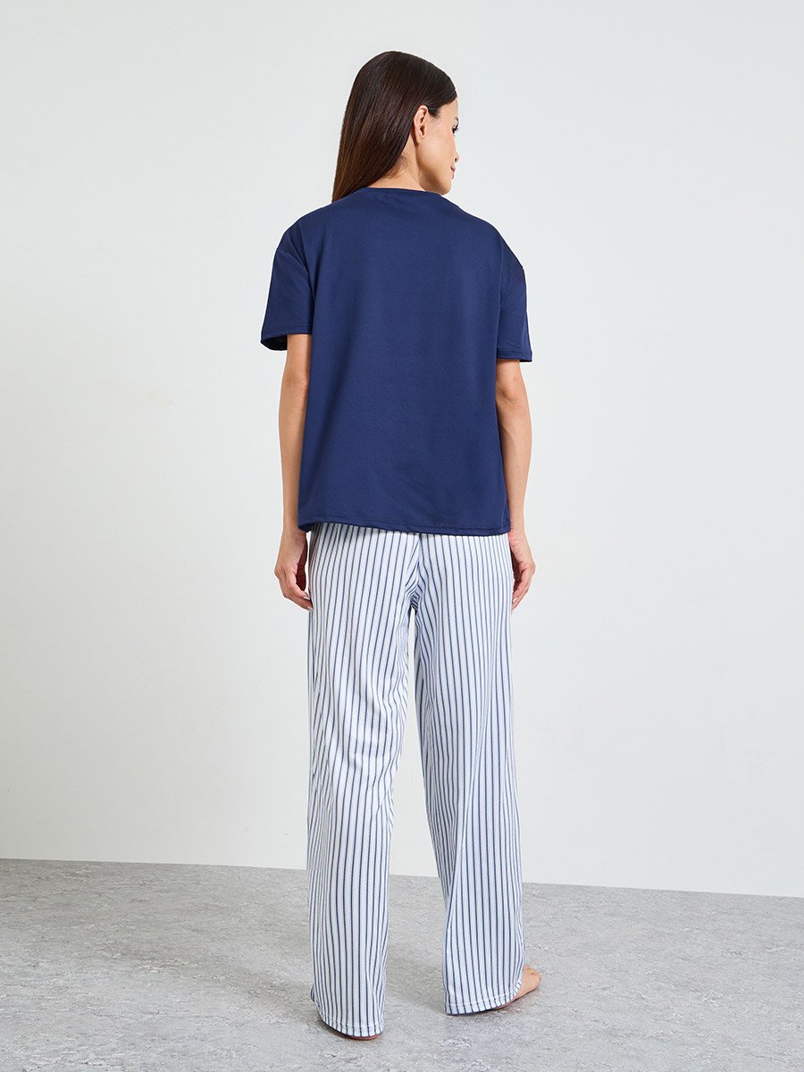 Blue Solid Short Sleeves T-Shirt and Striped Pants Pajama Set