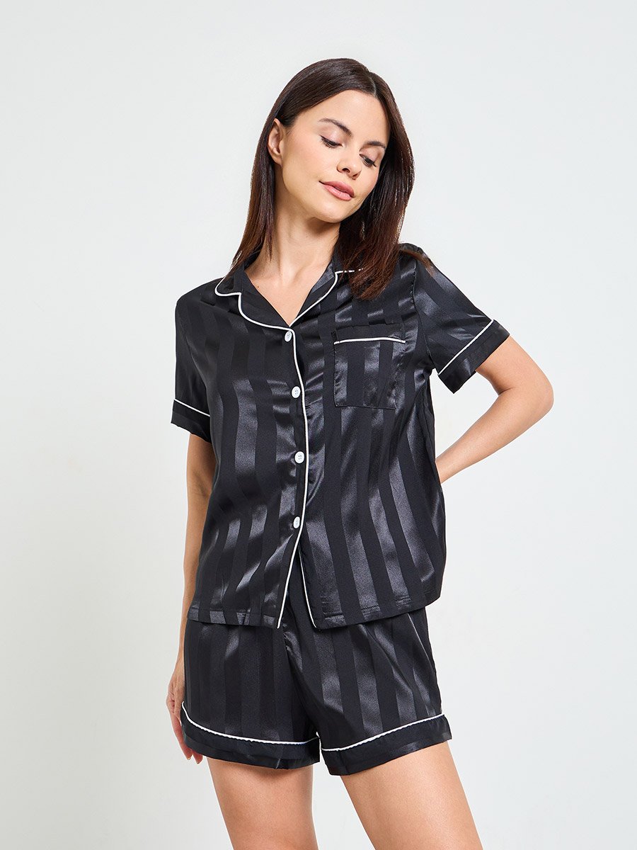 Black Striped Satin Shirt and Shorts Pajama Set