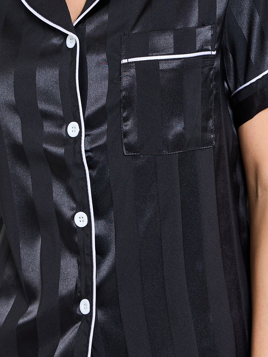 Black Striped Satin Shirt and Shorts Pajama Set