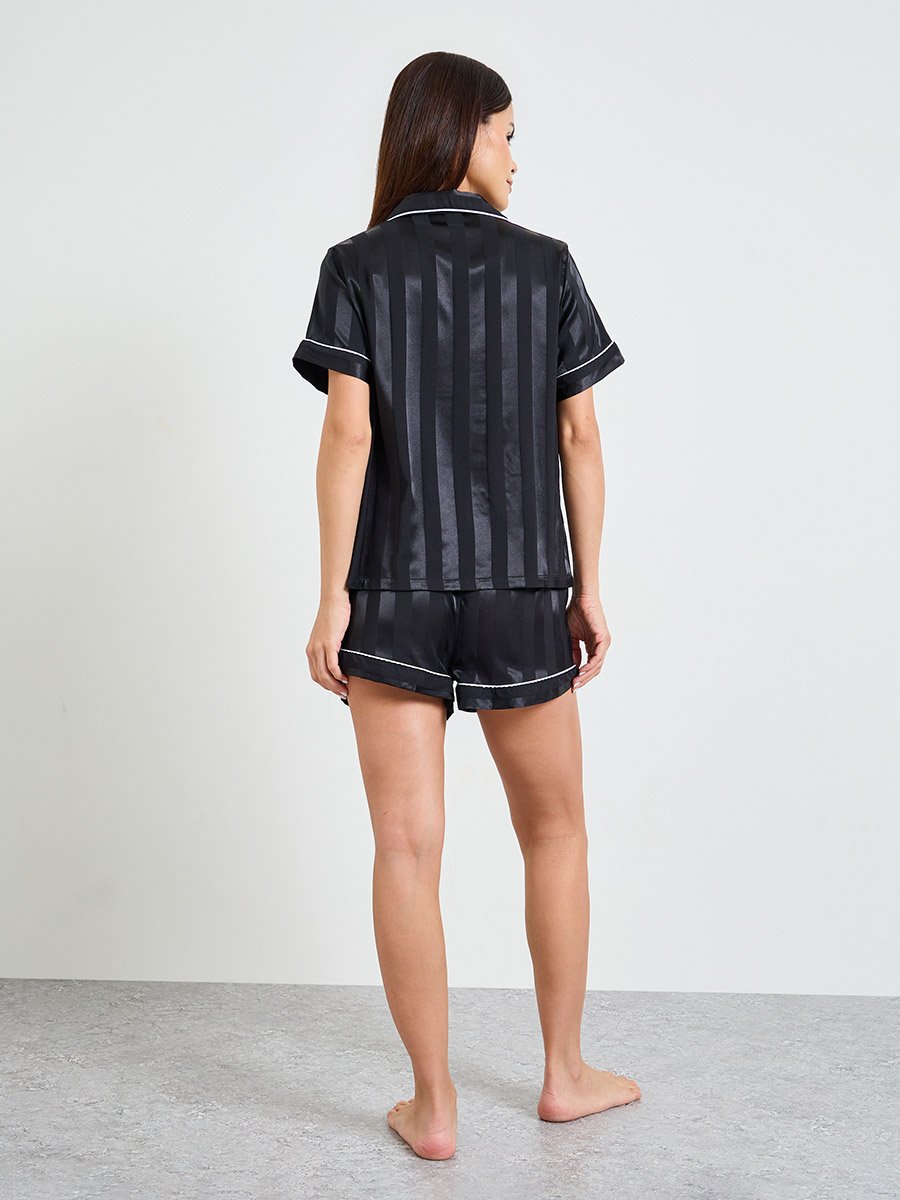 Black Striped Satin Shirt and Shorts Pajama Set