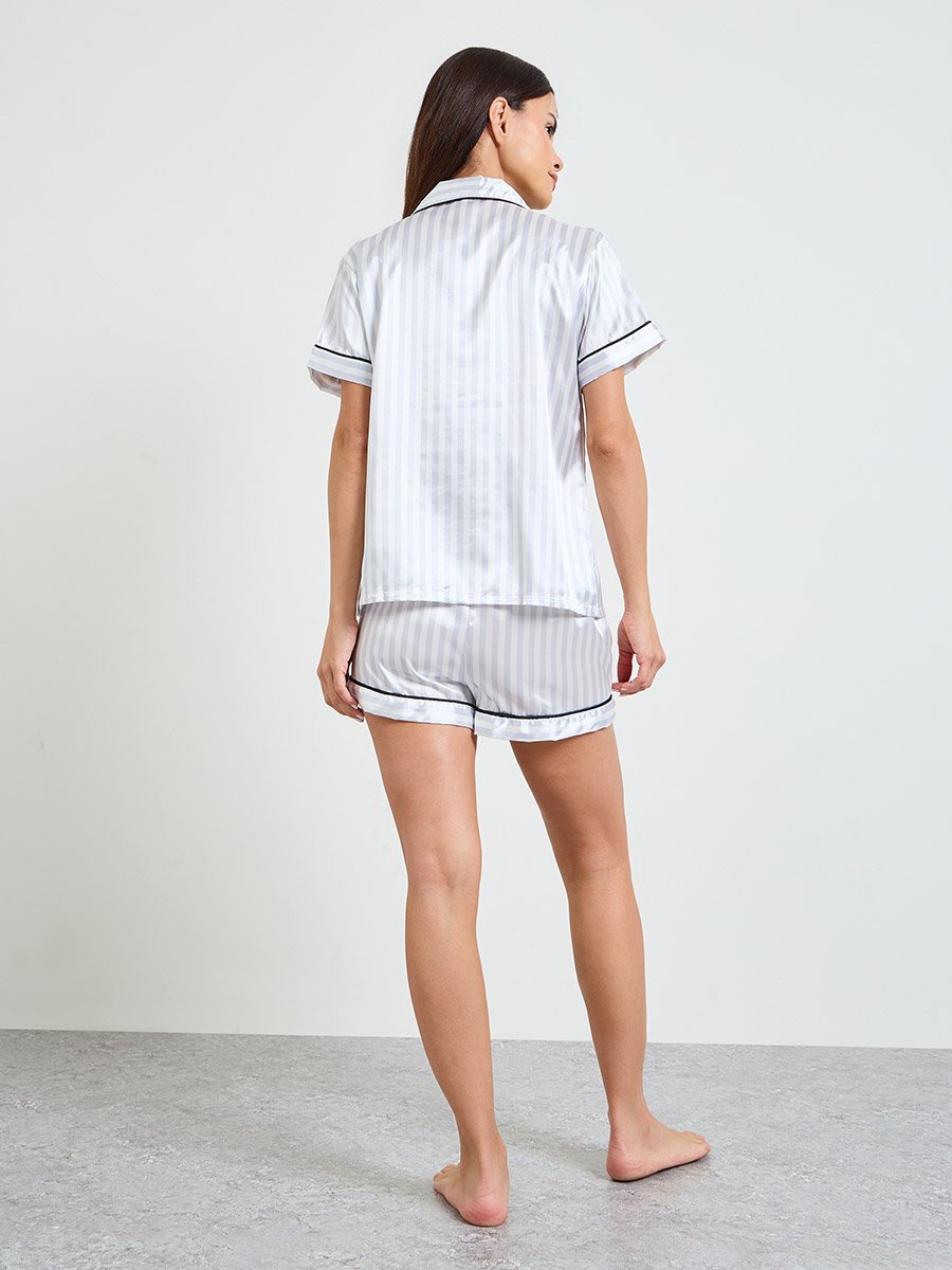 Multi-Color Striped Satin Shirt and Shorts Pajama Set