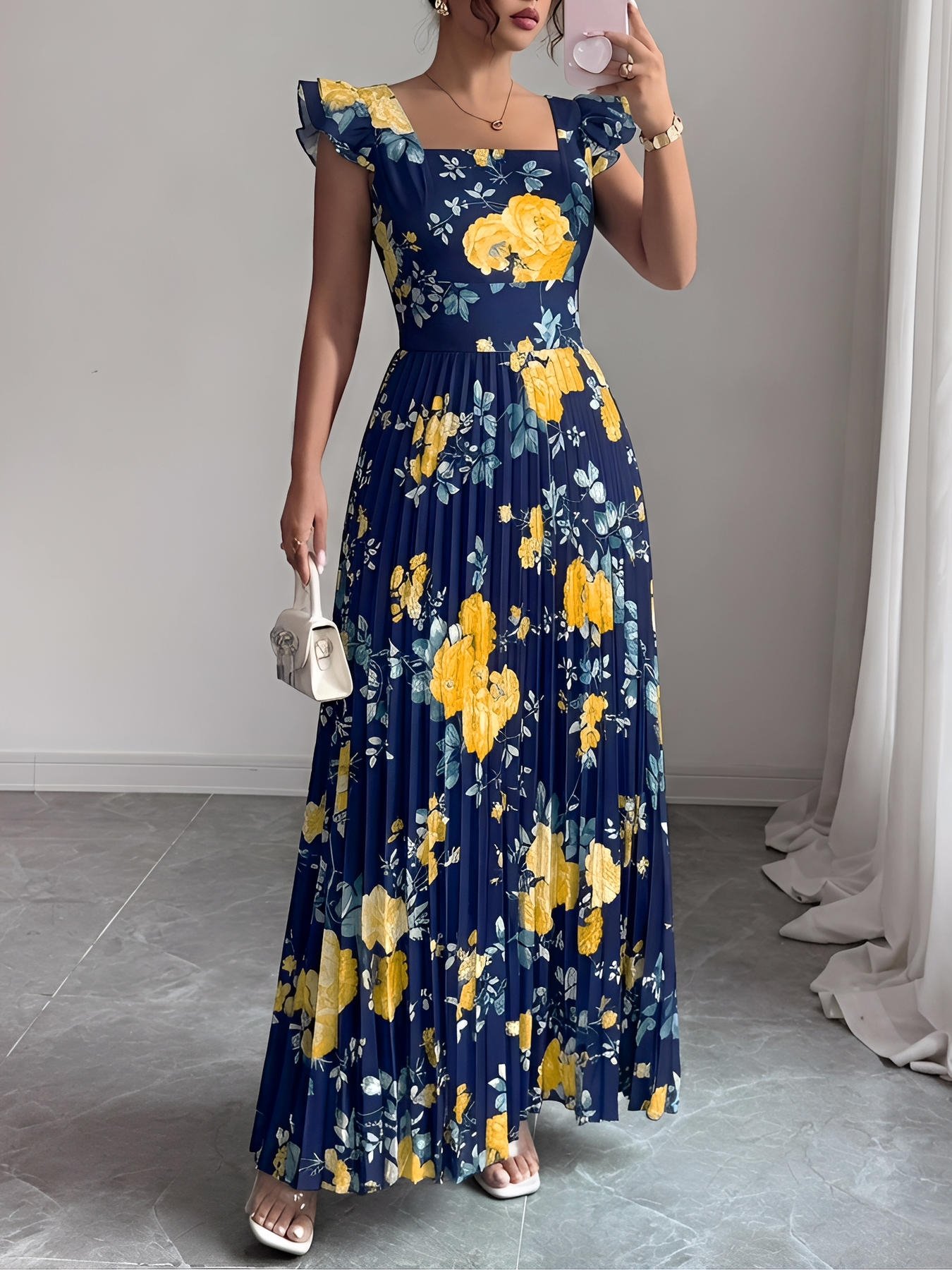 Black Printed Square Neck A-Line Maxi Dress
