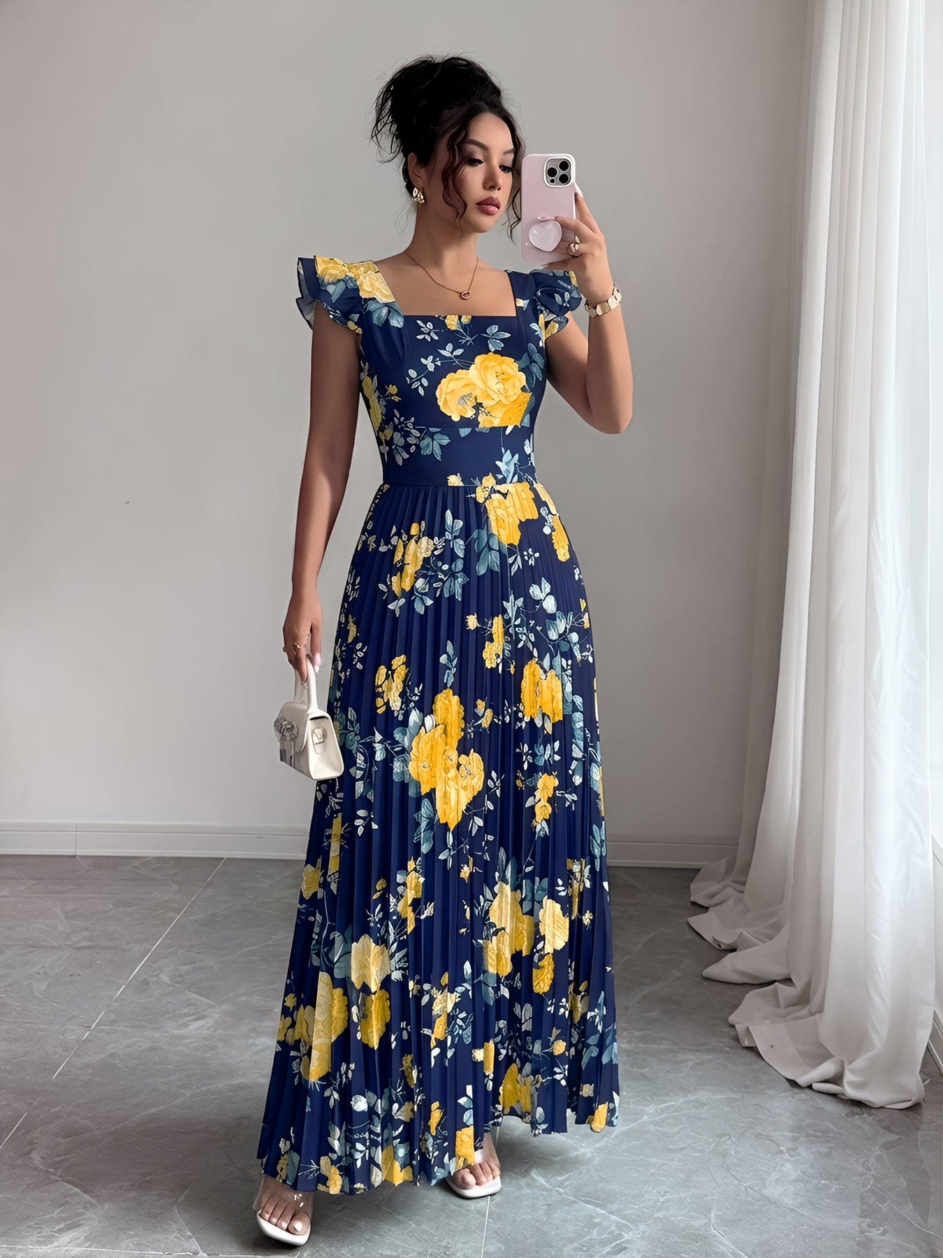 Black Printed Square Neck A-Line Maxi Dress