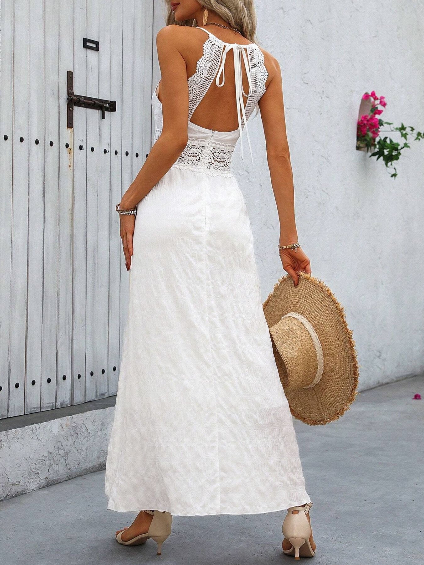 White Texture V Neck A-Line Maxi Dress