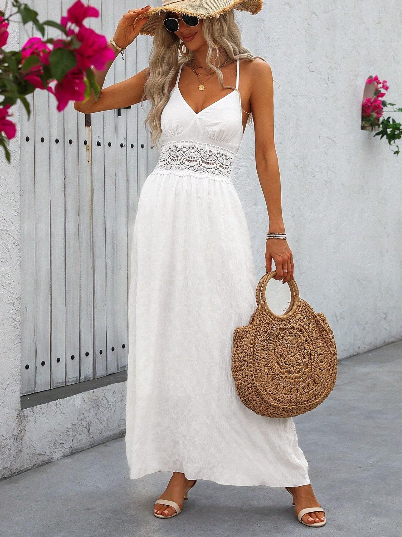 White Texture V Neck A-Line Maxi Dress