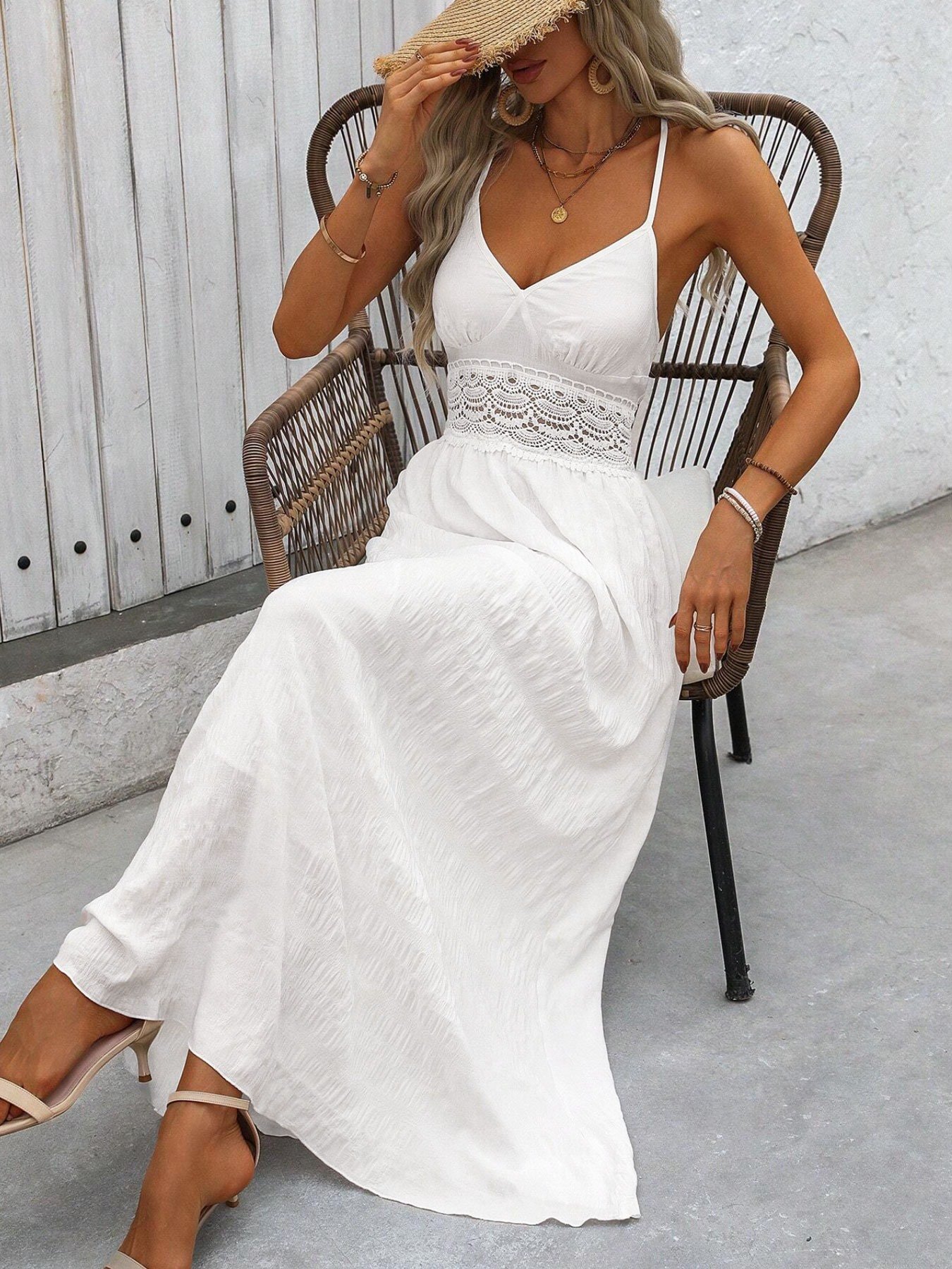 White Texture V Neck A-Line Maxi Dress