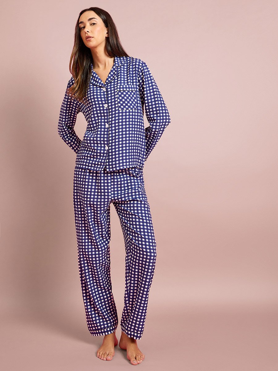 Multi-Color Checked Pocket Detail Shirt and Pant Pyjama Set