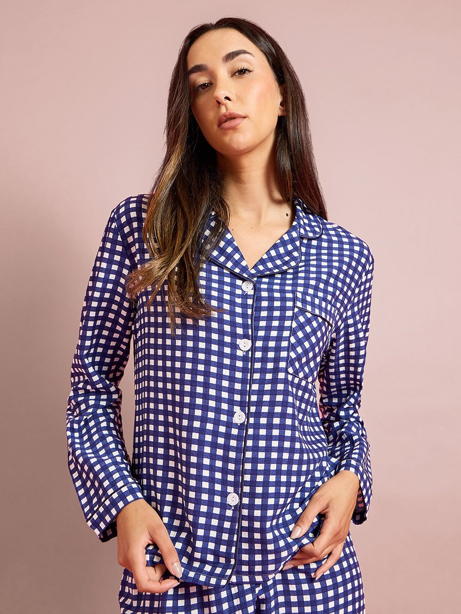 Multi-Color Checked Pocket Detail Shirt and Pant Pyjama Set