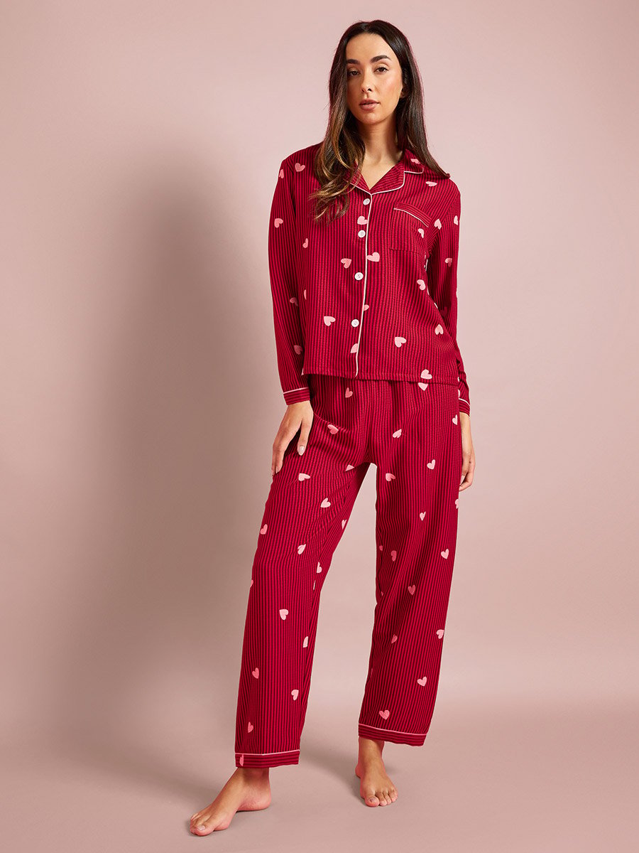 Burgundy Striped and Heart Print Long Sleeves Shirt and Pants Pyjama Set