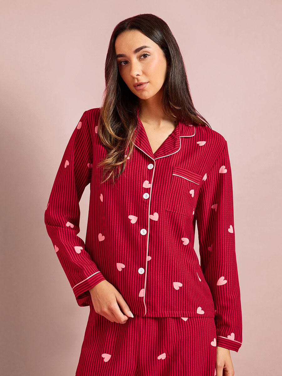 Burgundy Striped and Heart Print Long Sleeves Shirt and Pants Pyjama Set