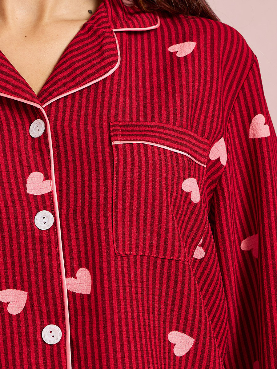 Burgundy Striped and Heart Print Long Sleeves Shirt and Pants Pyjama Set