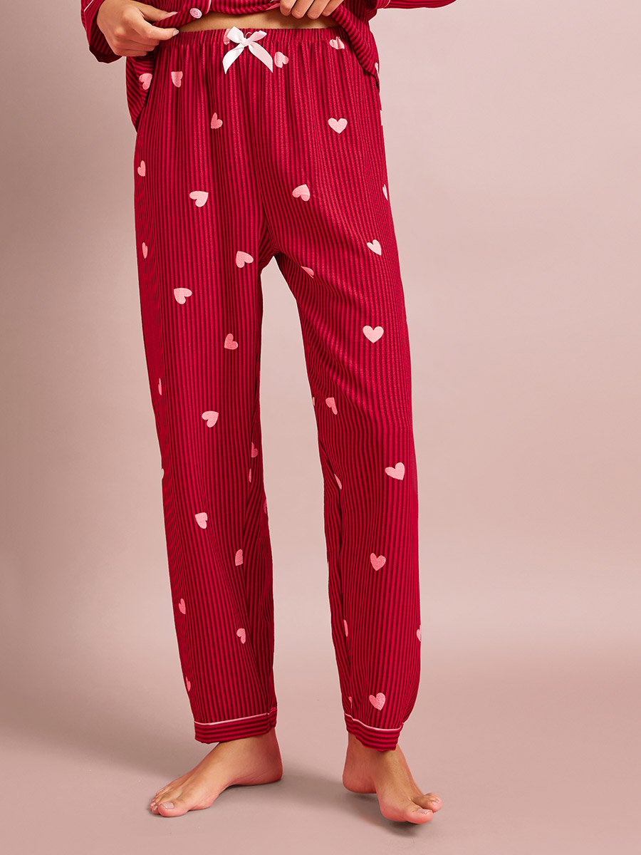 Burgundy Striped and Heart Print Long Sleeves Shirt and Pants Pyjama Set