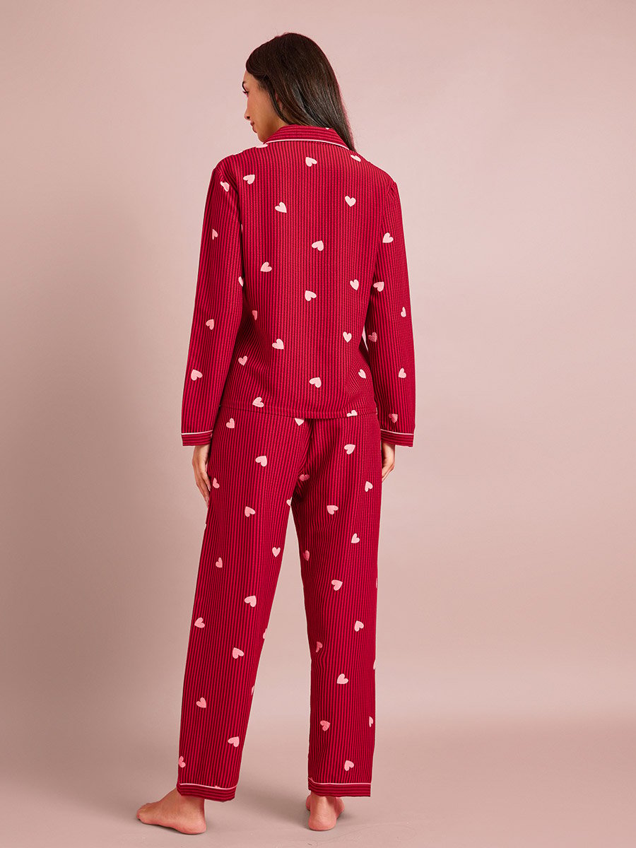 Burgundy Striped and Heart Print Long Sleeves Shirt and Pants Pyjama Set