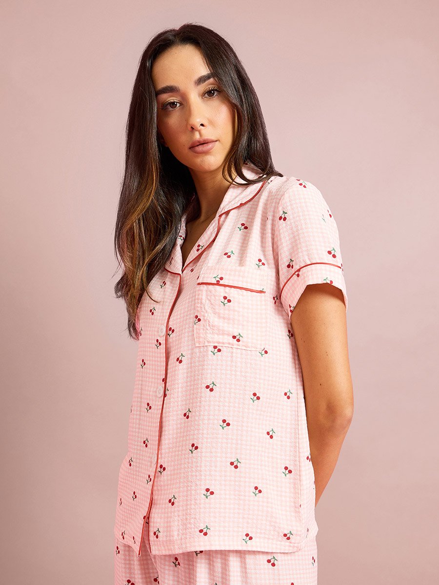 Pink Checked and Cherry Print Shirt and Pants Pyjama Set