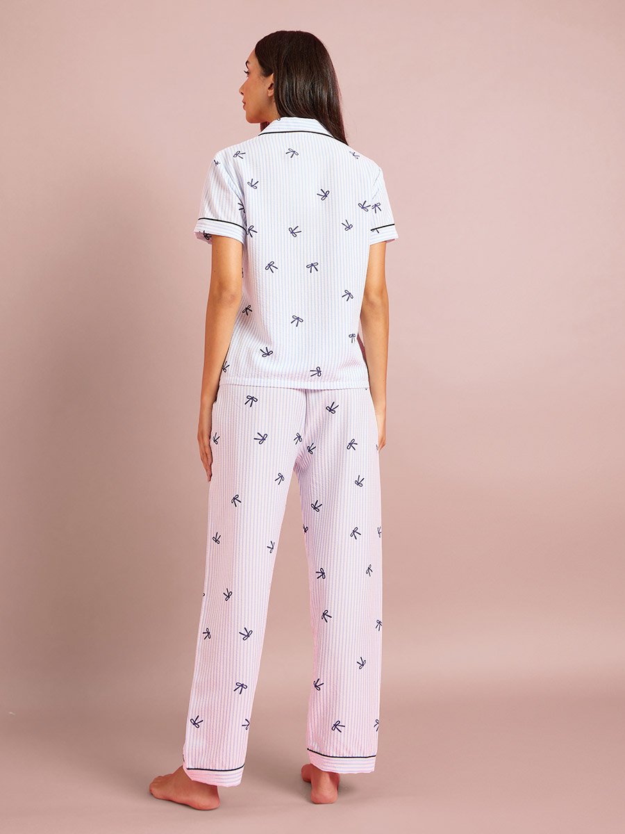 Blue Contrast Trims Striped and Bow Print Shirt and Pants Pyjama Set