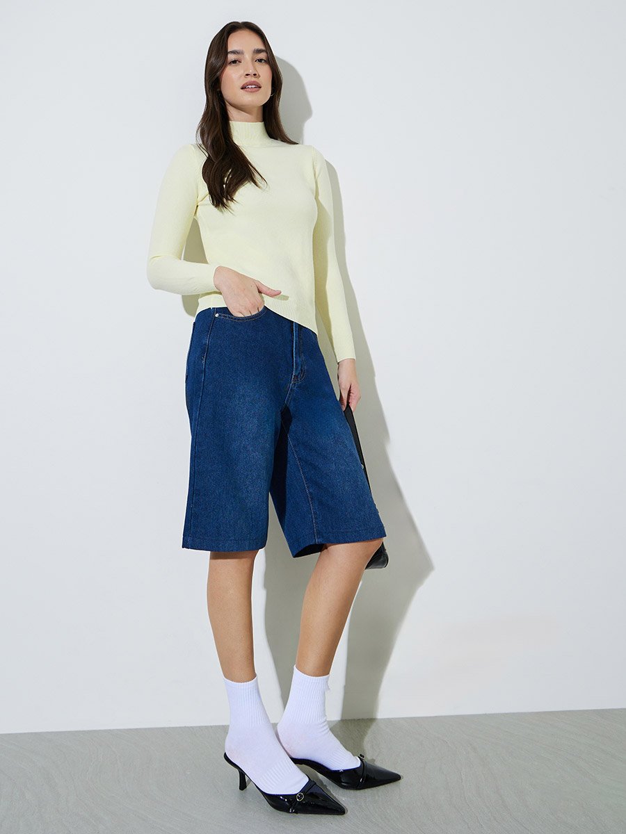 Off White Solid High Neck Ribbed Jumper