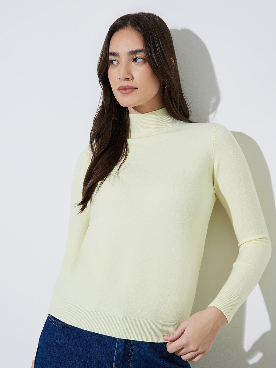 Off White Solid High Neck Ribbed Jumper
