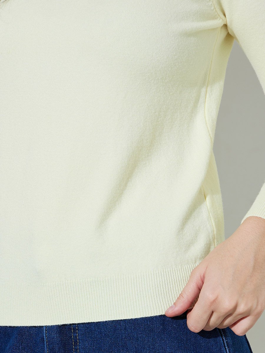 Off White Solid High Neck Ribbed Jumper
