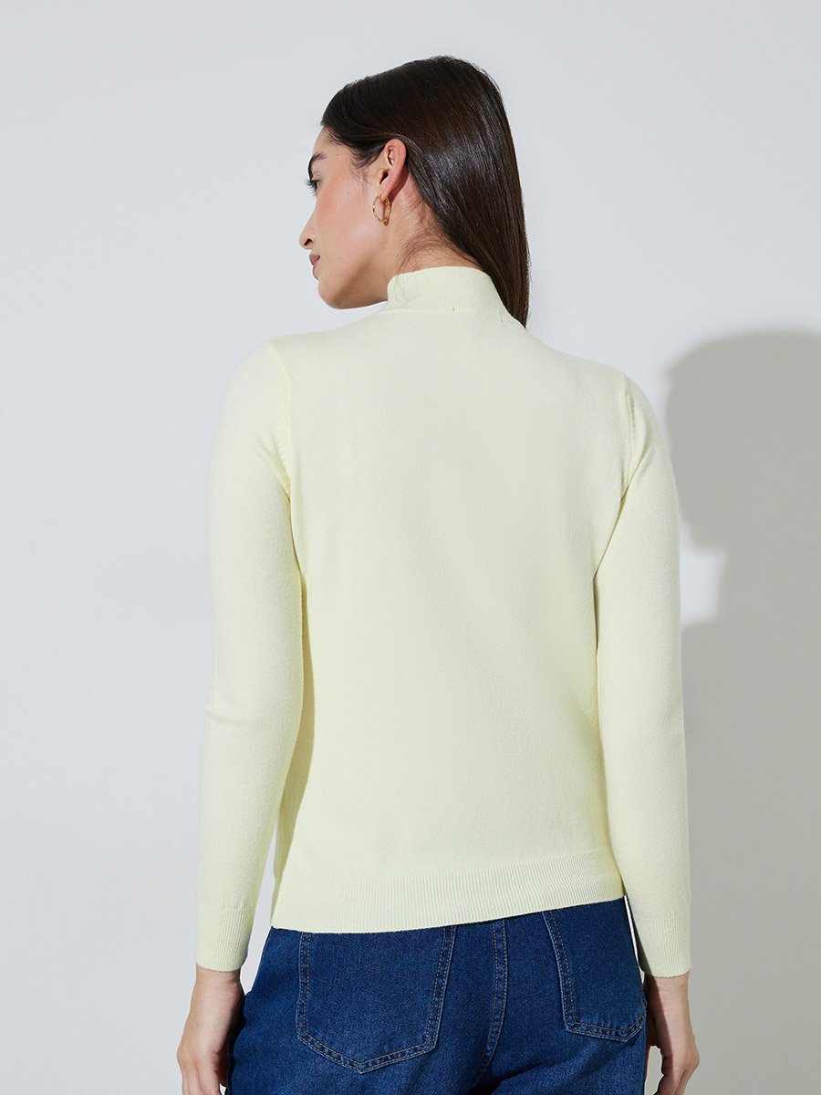 Off White Solid High Neck Ribbed Jumper