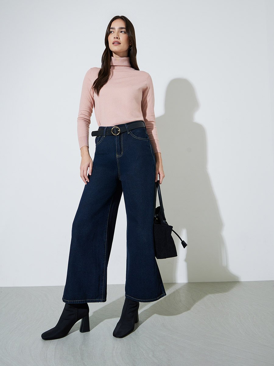 Pink Solid Turtle Neck Slim Fit Jumper