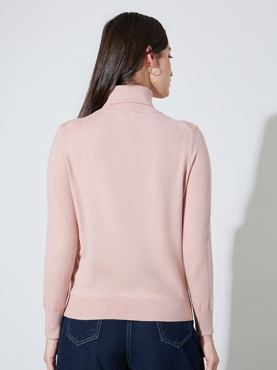 Pink Solid Turtle Neck Slim Fit Jumper