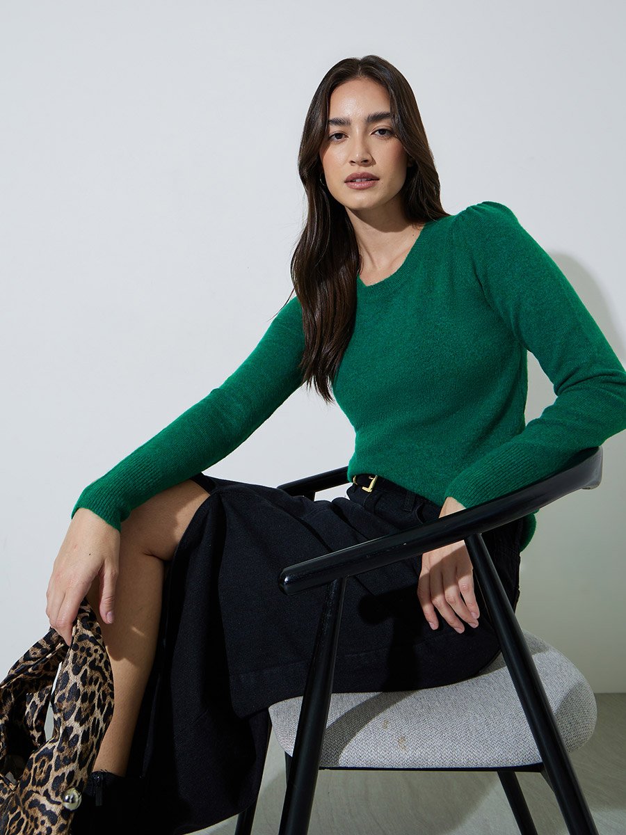 Dark Green Solid Round Neck Slim Fit Jumper