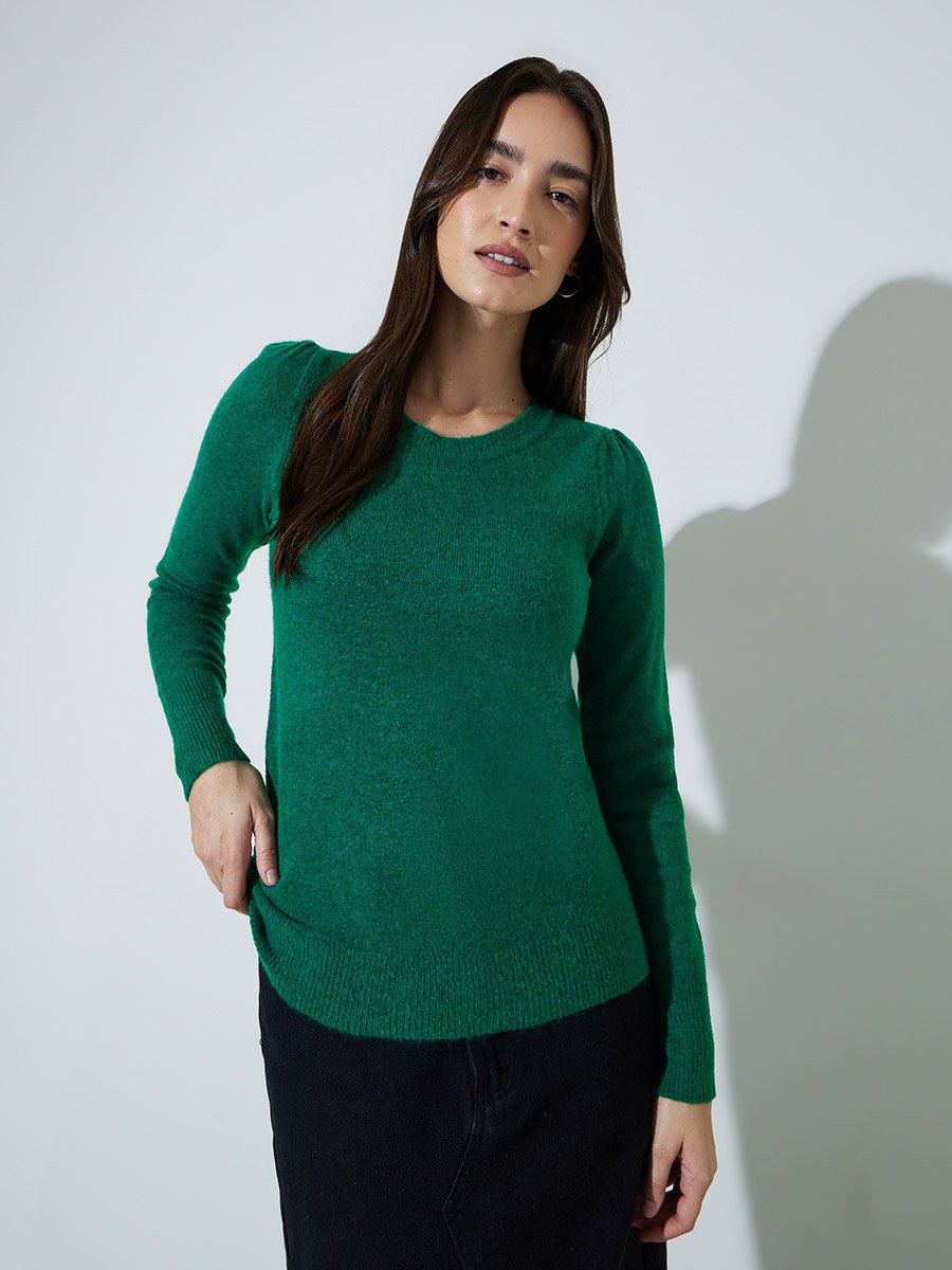 Dark Green Solid Round Neck Slim Fit Jumper