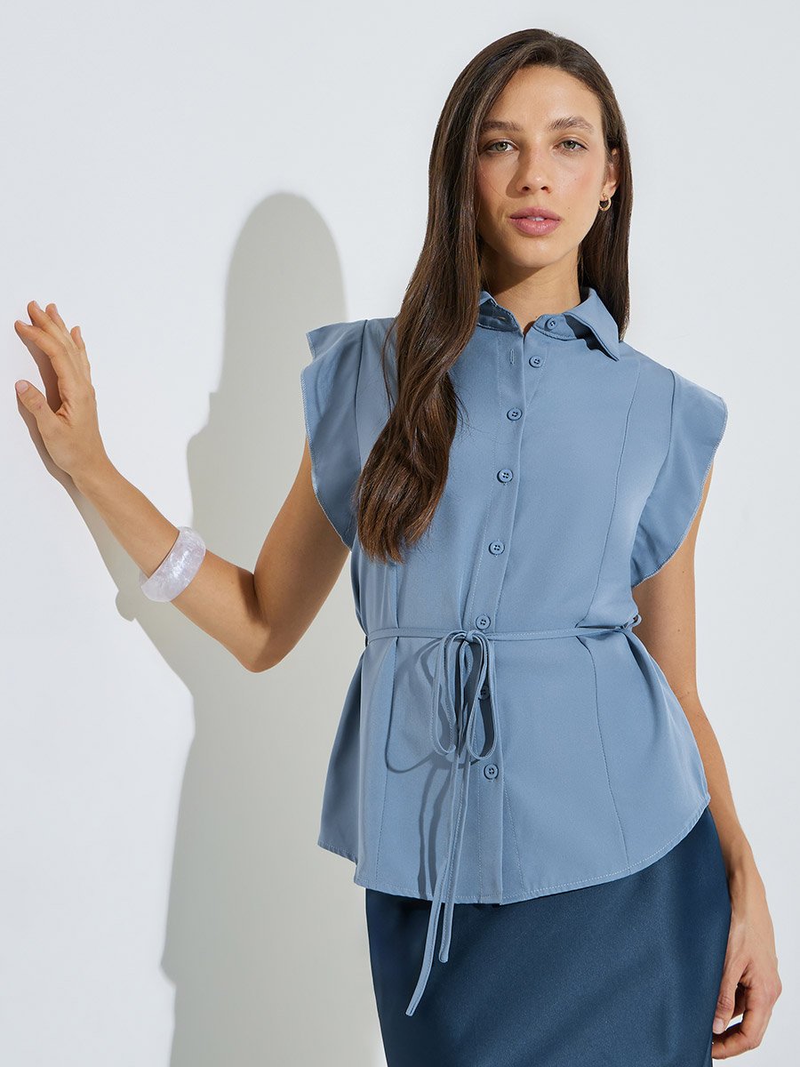 Blue Sleeveless Tie-Waist Blouse