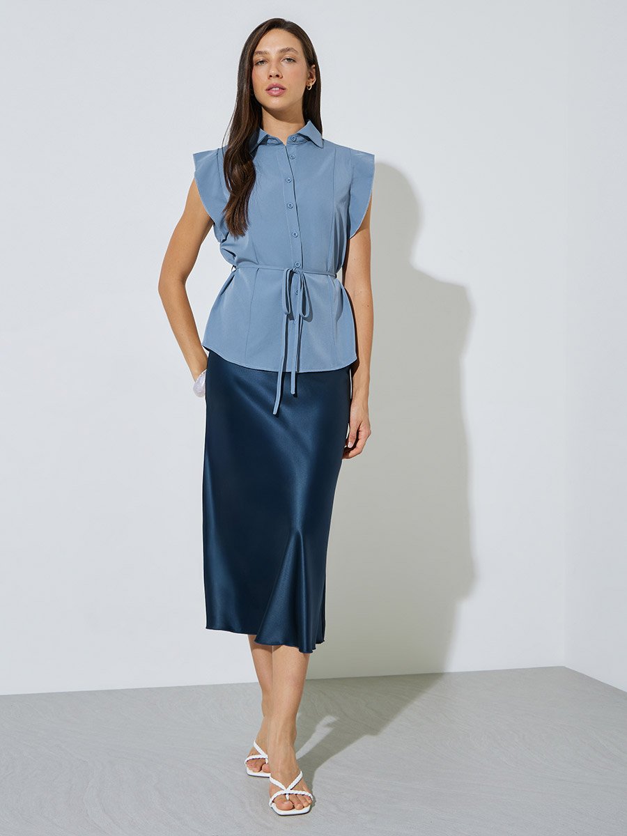 Blue Sleeveless Tie-Waist Blouse