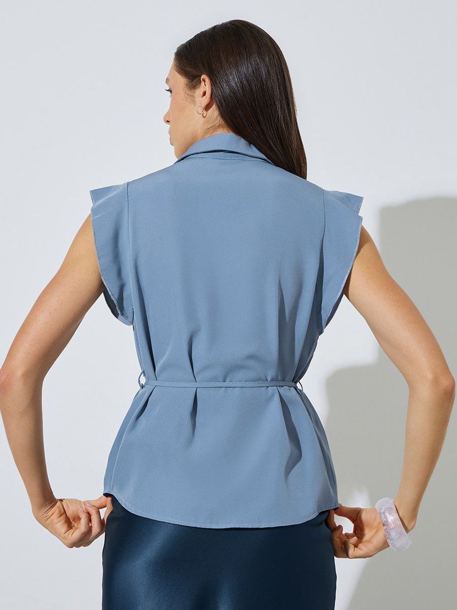 Blue Sleeveless Tie-Waist Blouse