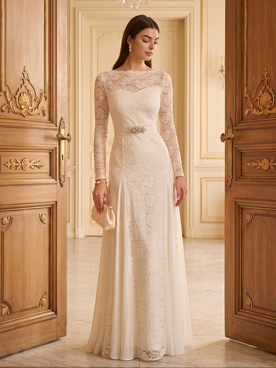 Cream Embellished Waist Lace A-Line Maxi Dress
