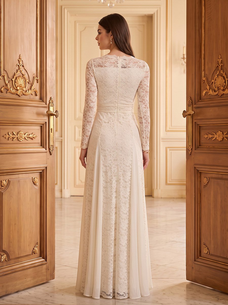 Cream Embellished Waist Lace A-Line Maxi Dress