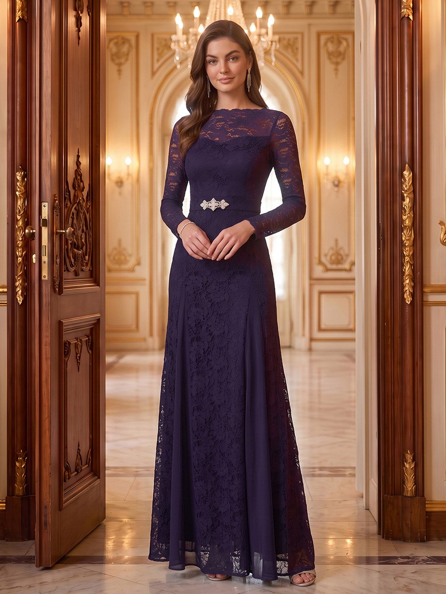 Purple Embellished Waist Lace A-Line Maxi Dress