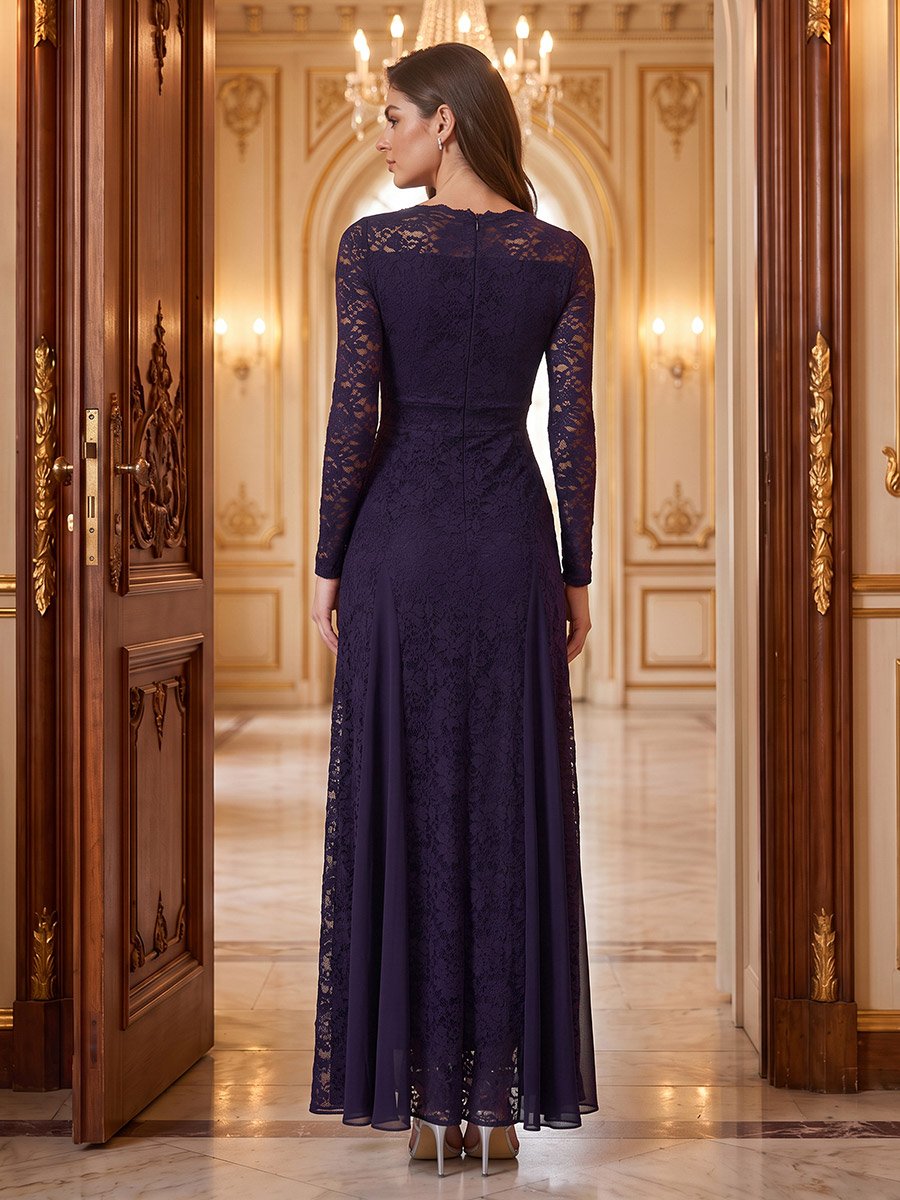 Purple Embellished Waist Lace A-Line Maxi Dress