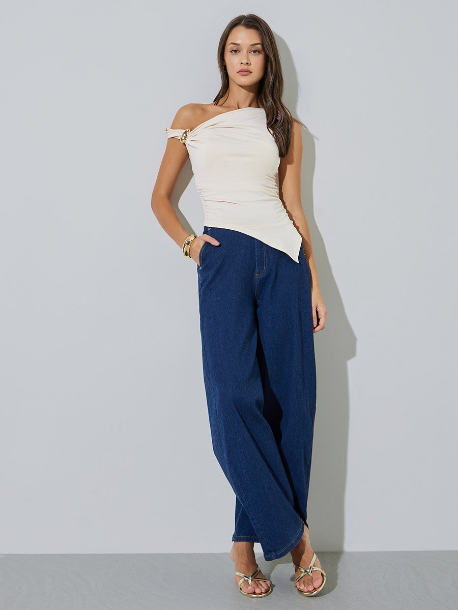 Cream One Shoulder Knit Top with Metal Detail