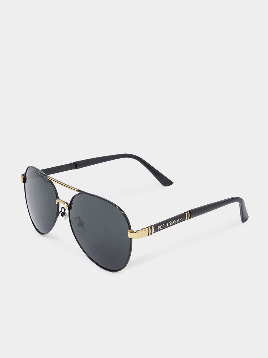 Black Double Bridge Aviator Sunglasses with Gold Details
