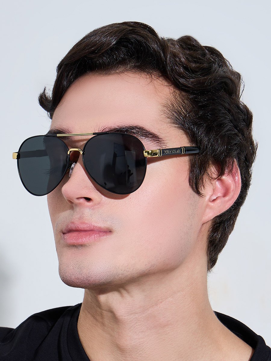 Black Double Bridge Aviator Sunglasses with Gold Details