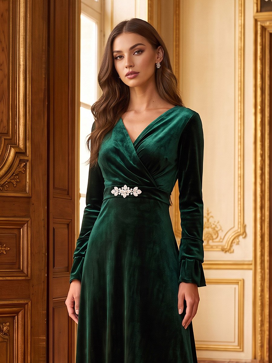 Green Velvet Rhinestone Embellished Waist A-Line maxi Dress