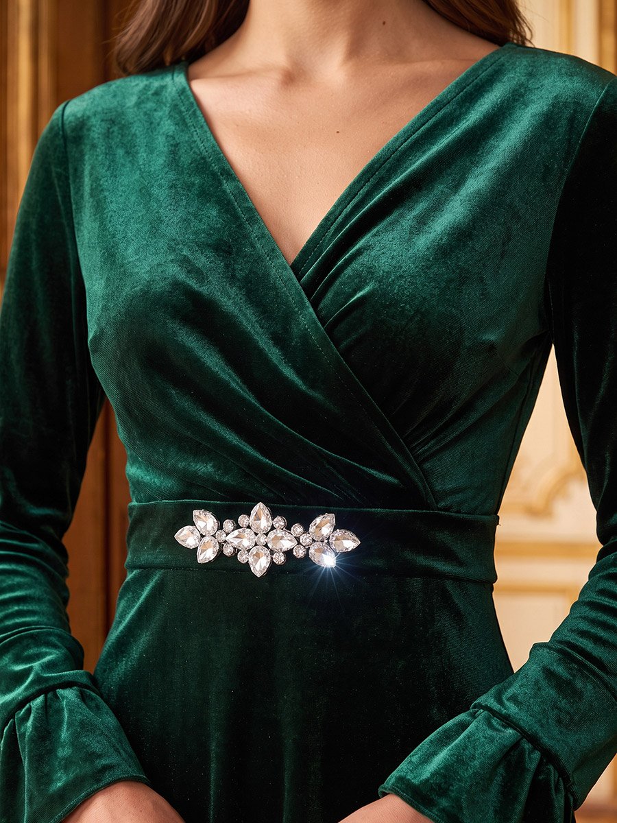 Green Velvet Rhinestone Embellished Waist A-Line maxi Dress