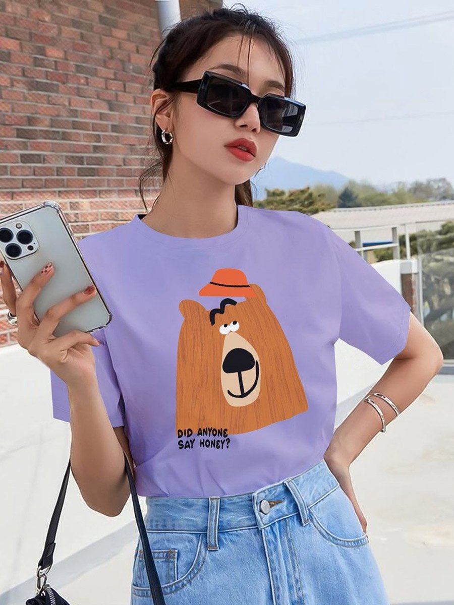 Purple Bear Graphic Print Round Neck T-Shirt