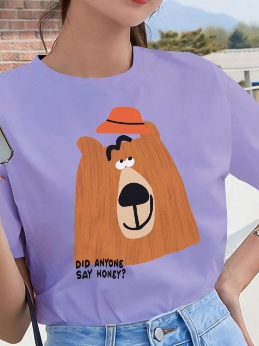 Purple Bear Graphic Print Round Neck T-Shirt