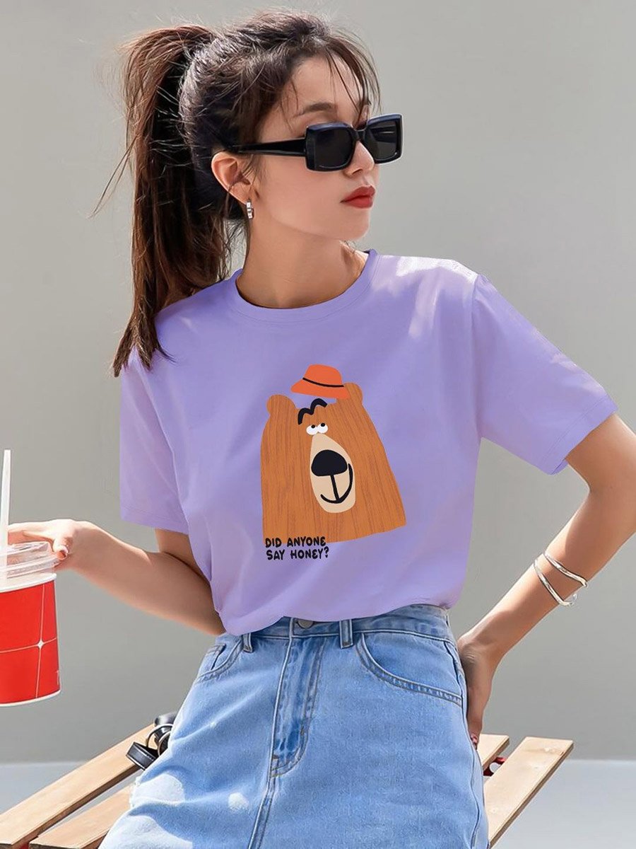 Purple Bear Graphic Print Round Neck T-Shirt